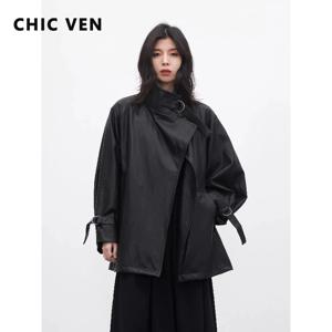 CHIC VEN 한국 여성 인조 가죽 코트 루즈핏 캐주얼 D 버튼 여성 오버코트 중간 길이 윈드브레이커 재킷 봄 가을 2026