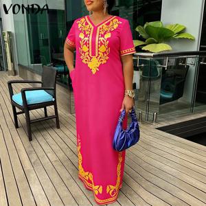 VONDA 플러스 사이즈 5XL 여성 빈티지 프린트 맥시 드레스 섹시한 v 넥 반팔 캐주얼 파티 Sundress 패션 오버 사이즈 롱 로브