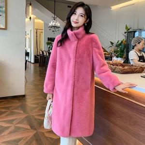 2024 신상 여성용 중간 길이 두꺼운 퍼 코트 만다린 칼라 루즈핏 인조 밍크 벨벳 가을 겨울 가죽&퍼 일체형 아우터