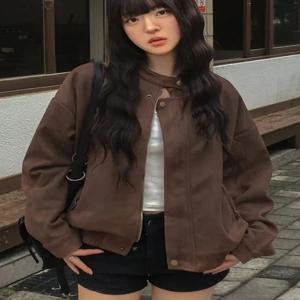 스트리트 스타일 레트로 스웨이드 지퍼 바이커 재킷 여성용 봄 캐주얼 다용도 짧은 아우터 트렌디 한국 패션