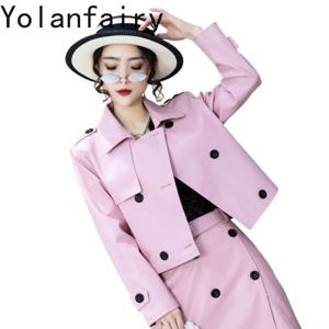 YOLANFAIRY 짧은 진짜 양가죽 코트 여성 가을 ​​한국 스타일 정품 가죽 자켓 슬림핏 핑크 가죽 자켓 폴로 칼라