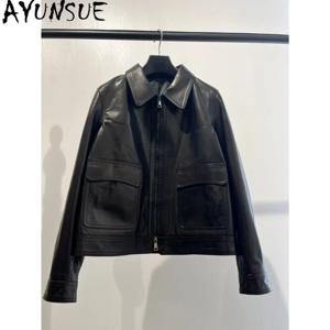 AYUNSUE 100% 진짜 가죽 자켓 여성 2026 가을 옷 천연 염소 가죽 streetwear 코트 여성 패션 블랙 casaco feminino