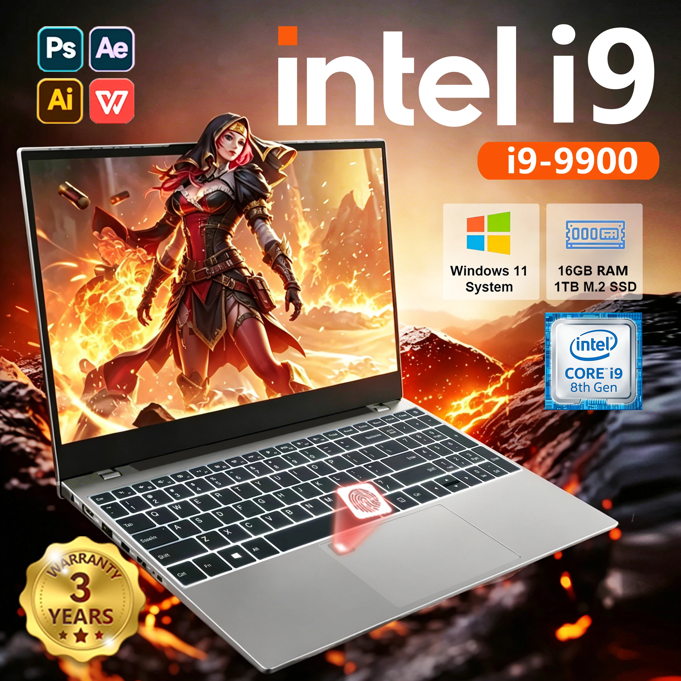 2026 15.6인치 초슬림 노트북 인텔 코어 i9-9900 16GB 램 1/2TB SSD 윈도우 11 지문인식 잠금해제 오피스 게임용 백라이트 노트북