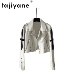 TAJIYANE 리얼 양가죽 가죽 자켓 여성 패션 크로스 패치 리벳 지퍼 숏 코트 펑크 모토 자켓 여성 의류 2026 가죽자켓