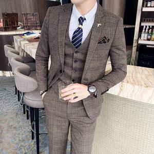 S-7XL (자켓 + 조끼 + 바지) 패션 부티크 격자 정장 비즈니스 남성 정장 3Pcs 세트 신랑 웨딩 드레스 격자 무늬 정장 쇼 무대