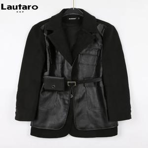 Lautaro-여성용 블랙 PU 가죽 블레이저, 울 혼방 블레이저, 긴팔 벨트, 런웨이 디자이너, 럭셔리 패션, 가을