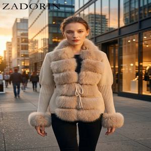 ZADORIN 가을 겨울 여성 가짜 모피 코트 럭셔리 니트 스웨터 모피 카디건 분리형 칼라 화이트 핑크 자켓 가짜 모피 코트