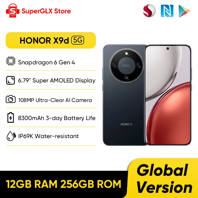 【재고 있음】HONOR X9d 글로벌 버전 5G 스마트폰 6.79인치 슈퍼 AMOLED 디스플레이 12GB RAM+256GB ROM 8300mAh 배터리 66W NFC IP69K