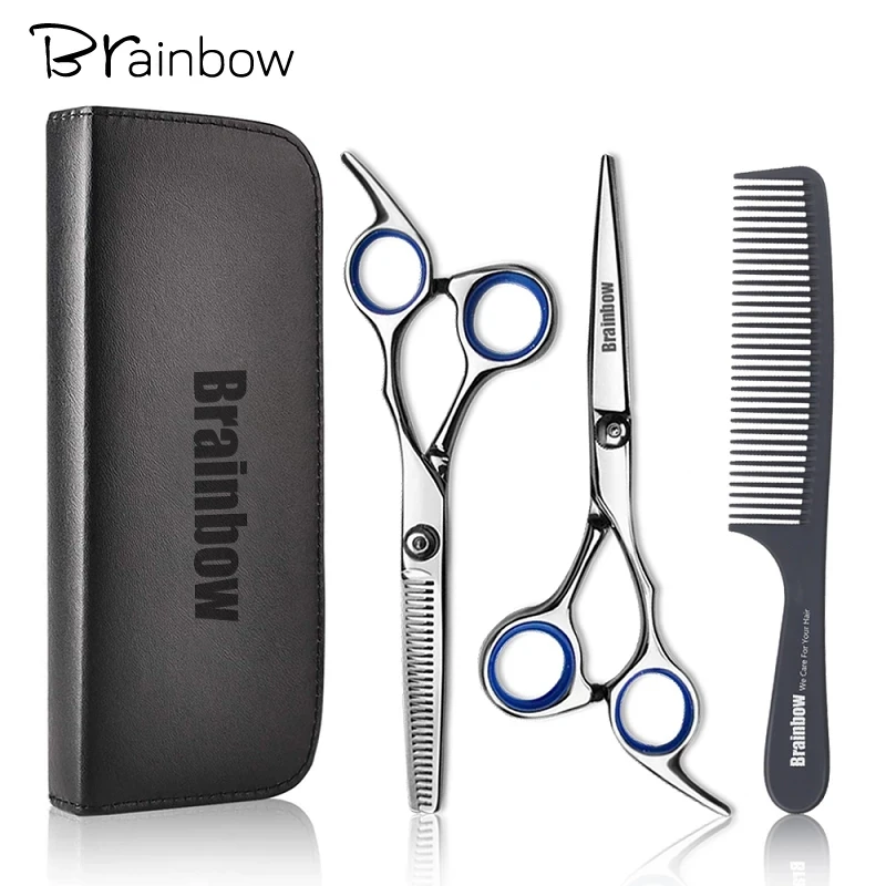 Brainbow 6 인치 커팅 틴닝 스타일링 도구 헤어 가위 스테인레스 스틸 살롱 미용 가위 일반 플랫 치아 블레이드