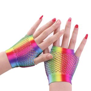 숙녀 섹시한 무지개 색상 짧은 메쉬 그물 Fishnet 장갑 속이 빈 구멍 핑거리스 장갑 레이디 디스코 댄스 의상 반 장갑