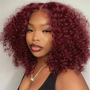 99J 컬러 곱슬머리 딥 웨이브 13x4 레이스 프론트 가발 프리플럭 버건디 레드 숏컷 밥 프론탈 가발 100% 인모 14인치