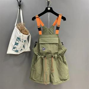 스트리트 캐주얼 대비 루즈 오버올, 드로스트링 플리츠 포켓 패치워크 트렌드 반바지, 패션 빈티지 여성 의류, 여름 신상