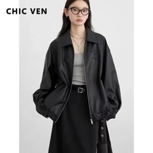CHIC VEN 여성용 블랙 재킷, 루즈 BF 스타일 자수 PU 가죽 오버코트, 여성용 오버사이즈 코트, 용수철 가을 2024