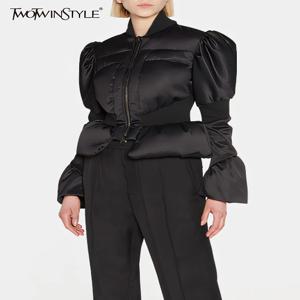 TWOTWINSTYLE 여성용 솔리드 슬리밍 코트 스탠드 칼라 플레어 슬리브 패치 워크 지퍼 미니멀리스트 튜닉 자켓 여성 패션