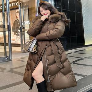 Thickend White Goose Downs 다운 재킷 겨울 고품질 우아한 빅 폭스 모피 칼라 후드 레이스 업 슬림 롱 다운 코트 여성