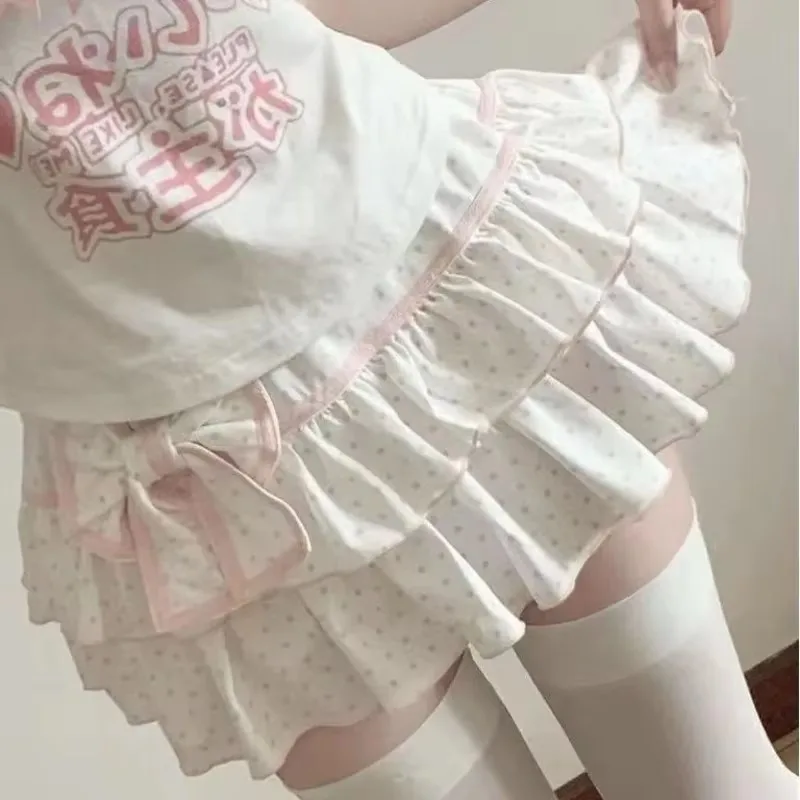 Deeptown 하라주쿠 Y2k 로리타 미니 스커트 여성 보우 일본식 카와이 플리츠 스커트 스위트 도트 프릴 케이크 레이어드 스커트