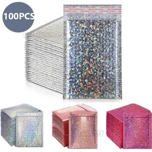 100Pcs 홀로그램 레이저 버블 메일러 메일 링 봉투 방수 택배 가방 배송을위한 패딩 버블 봉투 팩 가방