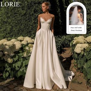 LORIE 우아한 새틴 웨딩 드레스 A-라인 스트랩리스 레이스업 V 넥 플리츠 시크 신부 댄스 파티 드레스 간단한 신부 가운 맞춤형