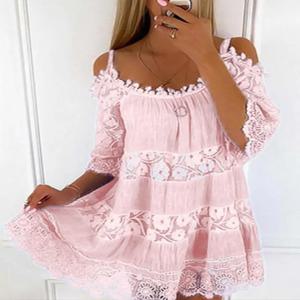 여성용 레이스 라운드 넥 미니 원피스 용수철, 할로우 아웃 반팔 패치워크 원피스, 느슨한 오프 숄더 비치 원피스, 여름