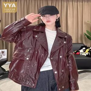 펑크 스타일 여성 더블 브레스트 루즈핏 가죽 재킷, 남자친구 스타일 오토바이 코트, 가을 패션 방풍 재킷