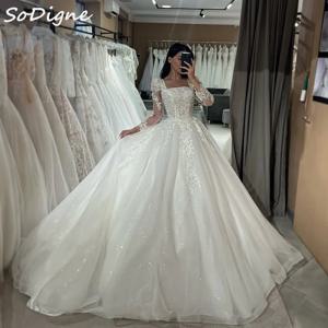 SoDigne A 라인 글리터 얇은 명주 그물 웨딩 드레스, 스퀘어 칼라, 긴 소매 신부 원피스 아플리케, 맞춤형 웨딩 가운