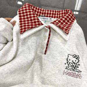 Sanrio Hello Kitty 2025 봄 신작 폴로 까마귀 여성 한국어 버전 트렌드 캐주얼 탑 Y2K Sweet Girl College Style Loose Pullover