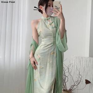2025 여름 여성 Qipao 드레스 열대 꽃 레트로 빈티지 중국어 번체와 민소매 섹시한 높은 슬릿 실크 Cheongsam