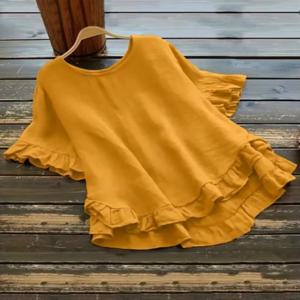 플러스 사이즈 여성용 1XL-5XL 솔리드 컬러 캐주얼 반팔 라운드 넥 티셔츠 Ladies Ruffled Hem 여성용 백 버튼 업 탑