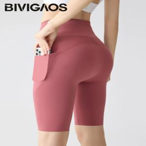 BIVIGAOS 여름 포켓 요가 상어 가죽 자전거 반바지 여성 얇은 하이 웨이스트 푸시 업 알몸 느낌 스포츠 피트니스 사이클링 반바지