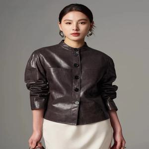 여성용 슬림 숏 천연 가죽 재킷 봄 가을 고급 심플 스탠드 칼라 소프트 오일 왁스 진짜 염소 가죽 코트