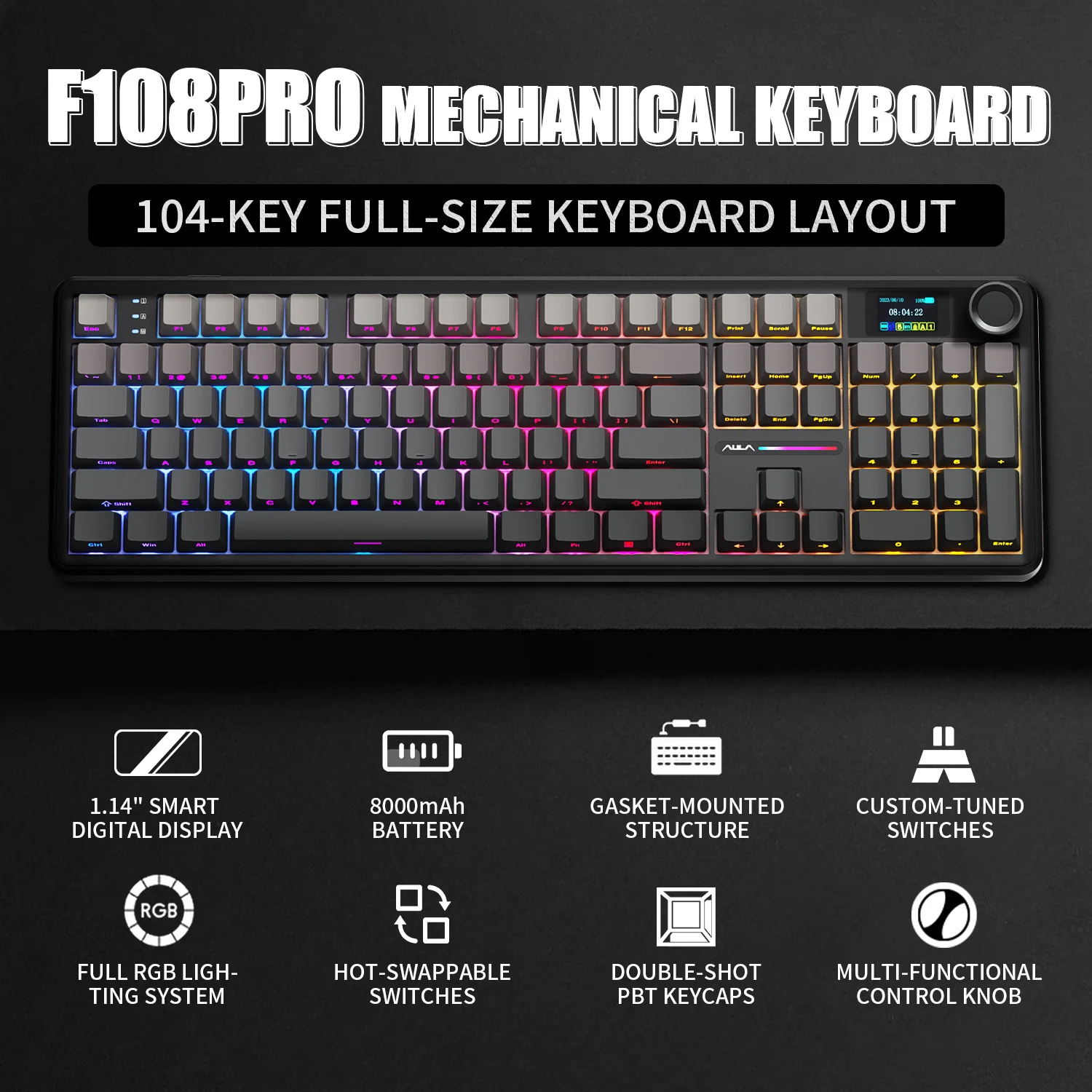 AULA F108 PRO 기계식 키보드 커스텀 100% 레이아웃 RGB 백라이트 무선 블루투스 하이파이 스위치 게이밍 키보드