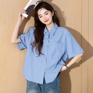 루즈핏 블루 스트라이프 반팔 캐주얼 셔츠 얇은 통근 여름 상의 여성용 폴로 칼라 버튼업 폴리에스터 섬유 자외선 차단