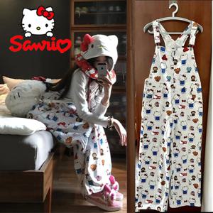 Sanrio 헬로 키티 여성 스트랩 점프 슈트 만화 귀여운 소녀 느슨한 프린트 점프 슈트 바지 여름 패션 캐주얼 와이드 레그 팬츠