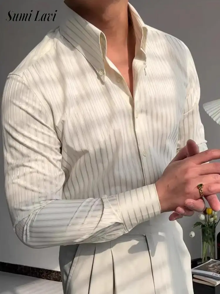 야외 캐주얼 남성 셔츠 클래식 턴 다운 칼라 버튼 스트라이프 프린트 셔츠 남성용 가을 패션 긴 소매 카디건