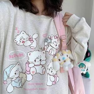 일본 카와이 만화 프린트 긴 소매 후드 하라주쿠 하위 문화 미학 스위트 후드 티 패션 캐주얼 루즈 귀여운상의