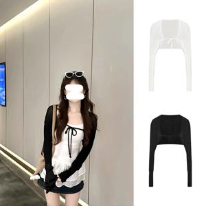 MosesQueen 미니멀리스트 스타일 짧은 니트 자외선 차단 카디건 여성용 얇은 벨트 여름 아우터 폴리에스테르 섬유