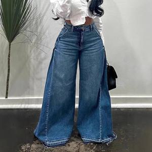유럽과 미국의 새로운 패션 여성 스플라이스 캐주얼 트렌디 루즈핏 와이드 레그 플레어 데님 트라우저 여성 스트리트웨어 청바지