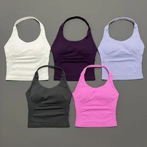 히스텔로 롱라인 스트래피 탑 여성 스포츠 탱크 홀터 심리스 러치드 백리스 짐 액티브웨어 워크아웃 요가 피트니스 탑