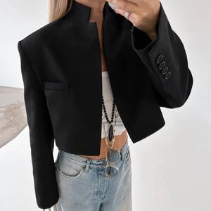 여성 블랙 블레이저 스탠드 칼라 오픈 스티치 긴 소매 오피스 레이디 가을 봄 포켓 시크 여성 블레이저 숏 수트 재킷