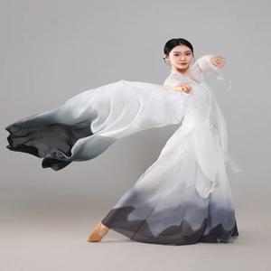 남녀 공용 우아한 롱 클래식 댄스 가운, 모던 재즈 댄스 공연 의상, 부채처럼 흐르는 요정같은 분위기의 오픈 가디건