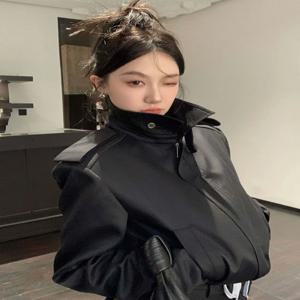 홍콩 스타일 레트로 핫걸 가죽 재킷 숏 칼라 코트 여성 캐주얼 탑 지퍼 스트레이트 튜브 롱 슬리브 솔리드 컬러