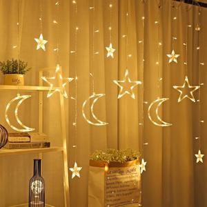 1PC 3.5M120LED 스타&문 LED 커튼 조명, 3개의 AA 배터리로 구동(제외), 침실 및 방 라마단 장식에 적합