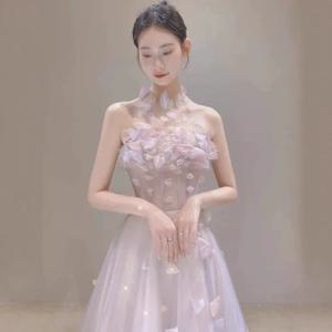 핑크 꽃잎 레이스 스커트 A라인 롱 드레스, 여름 피아노 호스트 볼 가운, 우아한 개성 메쉬 스커트