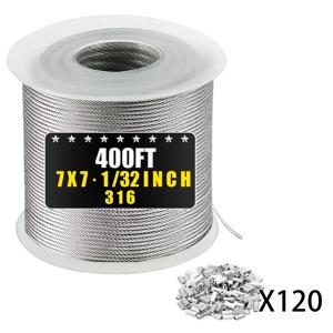 316 스테인리스 스틸 케이블, 50/100/200/400 피트 1/32인치 스틸 와이어 로프 알루미늄 슬리브 포함, 전구줄, 옷걸이, 격자선용