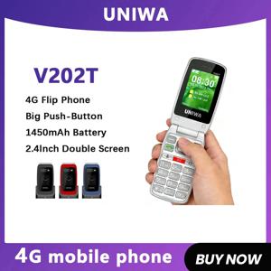 유니와 V202T 플립폰 듀얼 스크린 큰 버튼 듀얼 SIM 카드 4G 네트워크 휴대폰 노인용 충전 거치대 지원