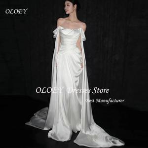 OLOEY 심플 A라인 실크 새틴 오프숄더 한국 웨딩드레스 우아한 롱 브라이덜 가운 맞춤 웨딩드레스 사진 촬영