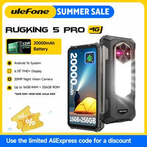 Ulefone RugKing 5 Pro 4G AI 내장형 러기드폰 20000mAh 배터리 Android 16 스마트폰 최대 16GB RAM 256GB ROM 64MP 메인 카메라 + 20MP 나이트 비전 카메라 6.78인치 FHD+ 디스플레이