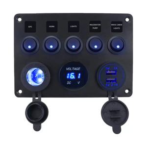요트 및 RV용 5구 캣아이 블루 LED 스위치 패널, USB 및 시거잭이 있는 해양 보트 스위치
