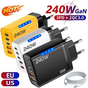 5 in 1 GaN USB C 데스크탑 충전기 240W 고속 충전 휴대폰 어댑터 브레이드 타입 C 케이블 (아이폰, 삼성, 샤오미 호환) EU/US 플러그 충전기
