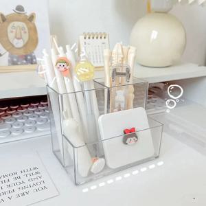 1/2개 투명 3칸 펜 홀더 박스 메이크업 브러쉬 버킷 화장품 정리함 학생용 책상 펜 용기 수납함